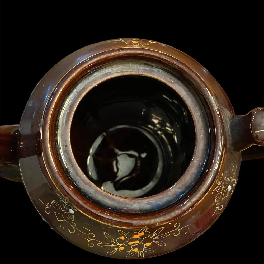 Vintage Japanese Moriage Redware Teapot Brown Floral 1940s As-Is